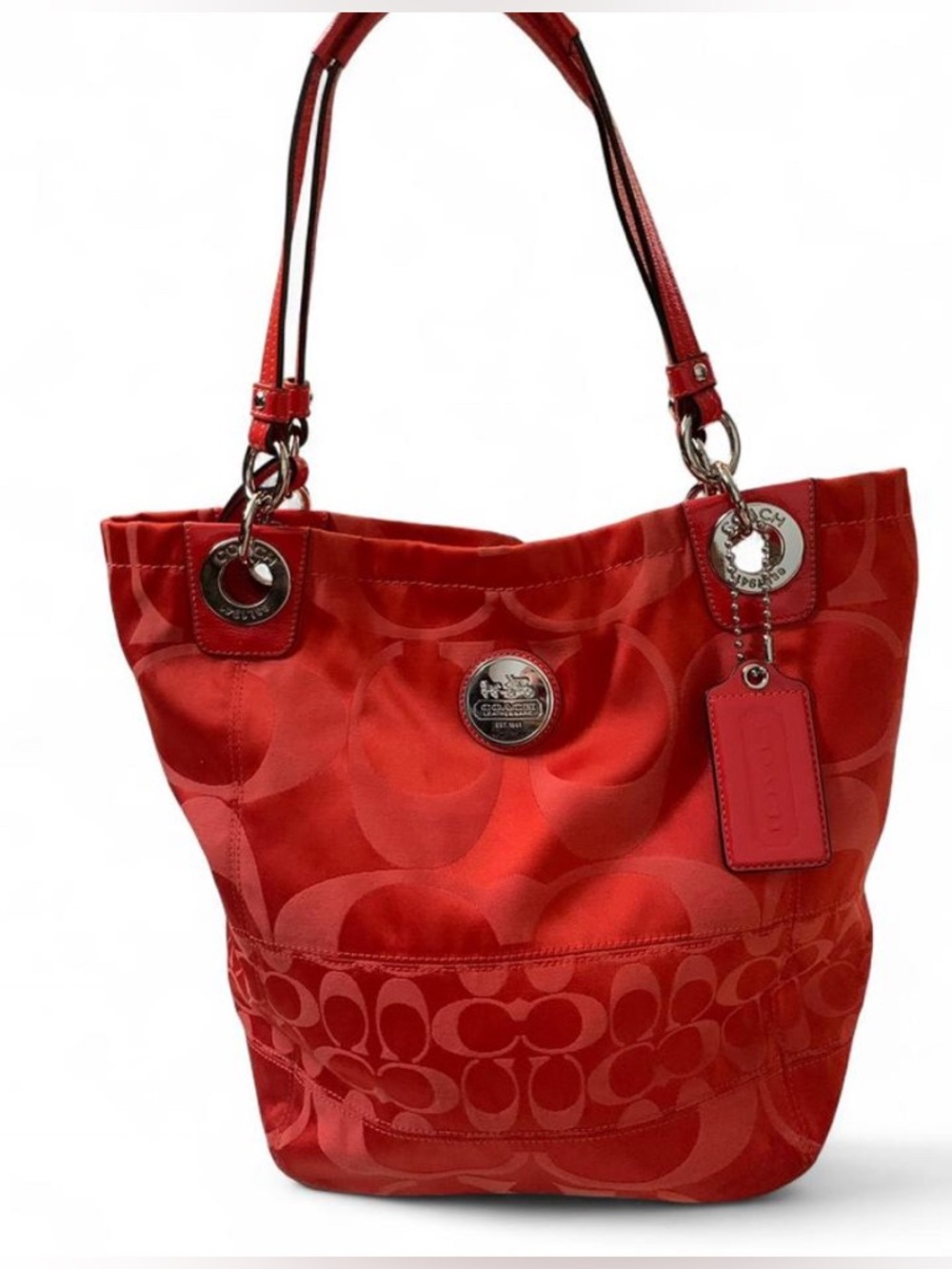 2008 Coach Alex Signature Coral Patent Leather/Satin Tote - Picture 1 of 8